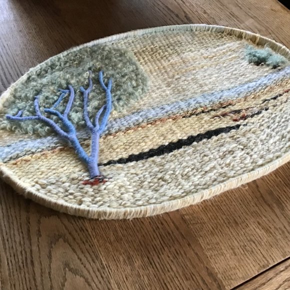 Vintage 70's Handmade Woven Fiber Hanging Wall Art Tree of Life Scene - Picture 8 of 9